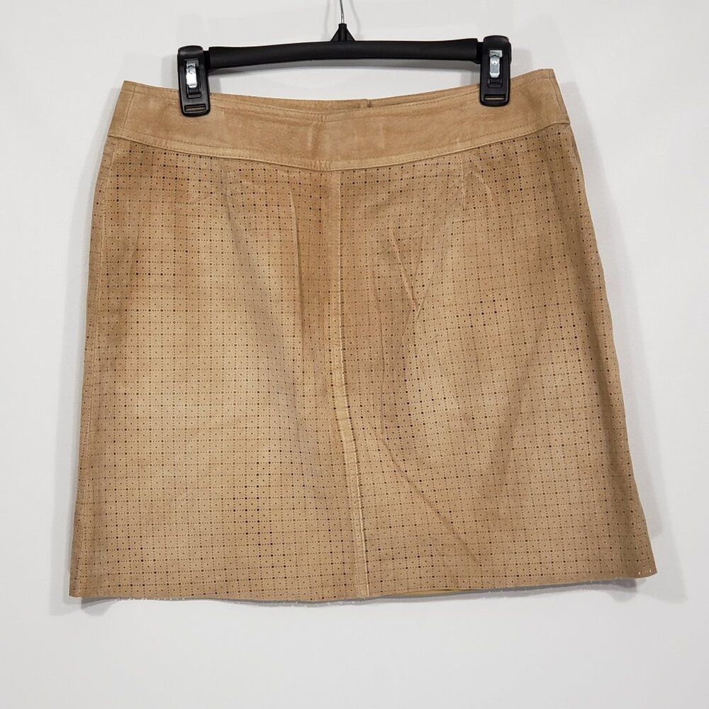Margaret Godfrey Tan Leather Mini Skirt Zip Front Cut-out design Size 10 - Picture 2 of 5